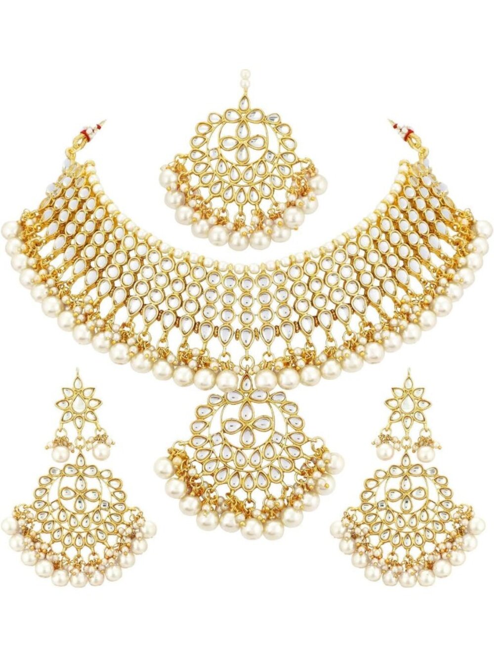 Elegant Indian Maang Tikka & Kundan Necklace Earrings Set - Ethnic Wedding